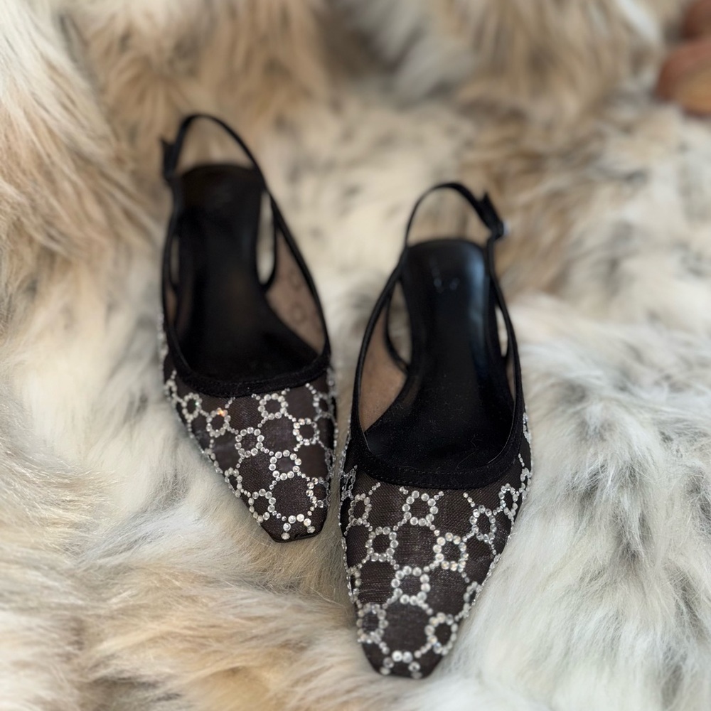 I.N.C. Black Mesh Slingback Heels – Rhinestone Embellished